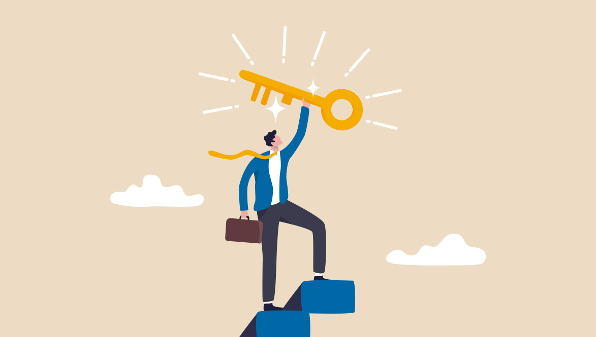 person climbing stairs holding key for access